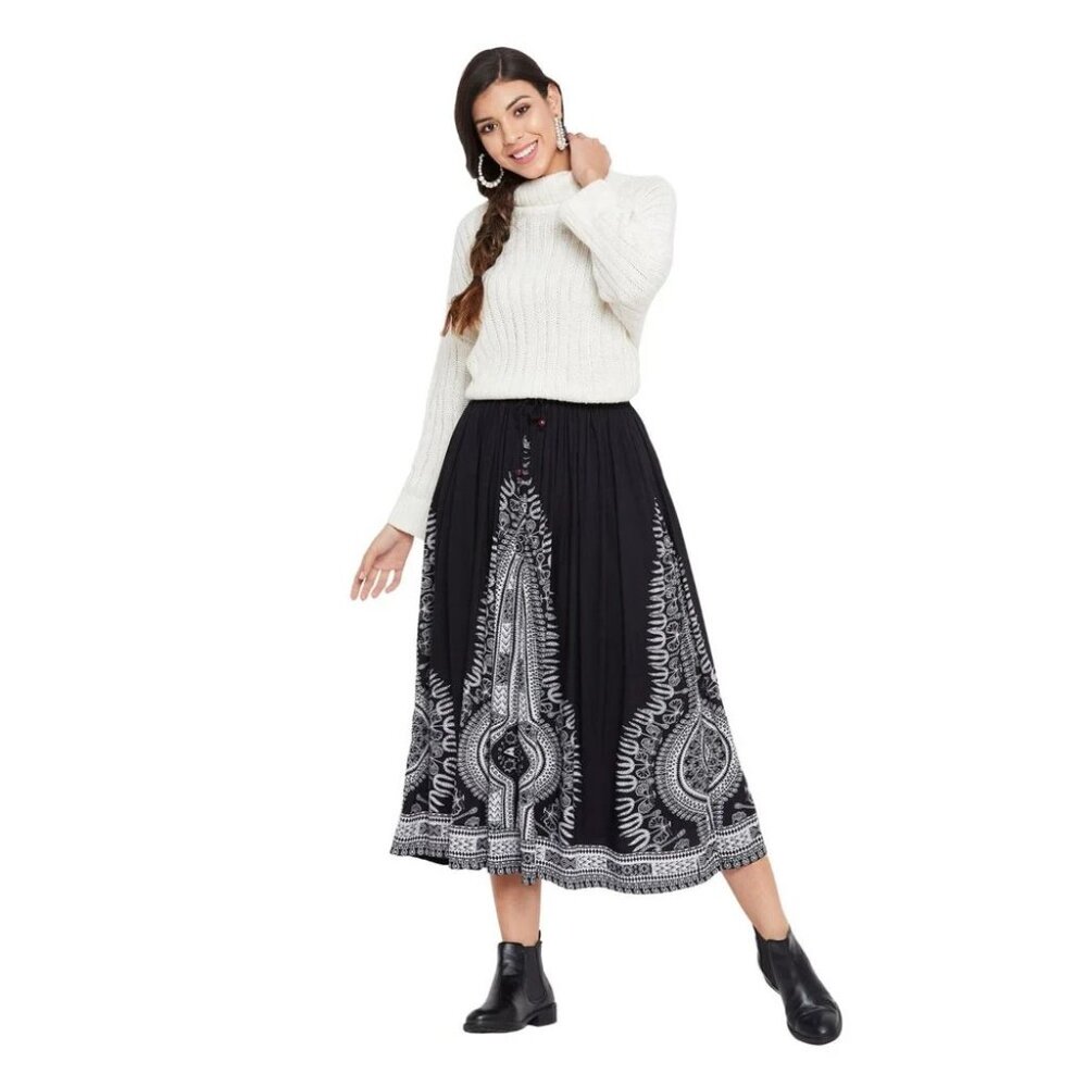 Gypsy Blu Size M Black Rayon A Line Women Boho Midi Skirt for Beach Vacations